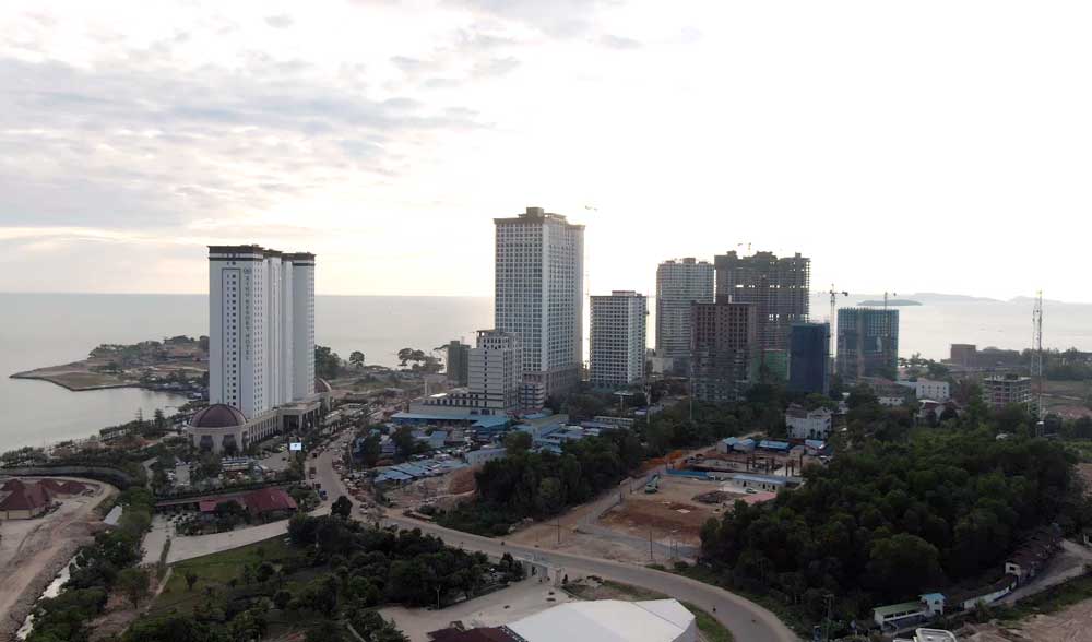 Chinese hotel and casino construction at sunset. Sihanoukville now has more than 100 casinos. Photo: RFA