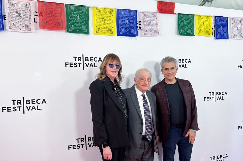 Martin Scorsese, center, with Jane Rosenthal of Tribeca Enterprises, left, and actor Michael Imperioli, at the screening of Scorsese’s Kundun at the Tribeca Festival in New York, June 6, 2025.
