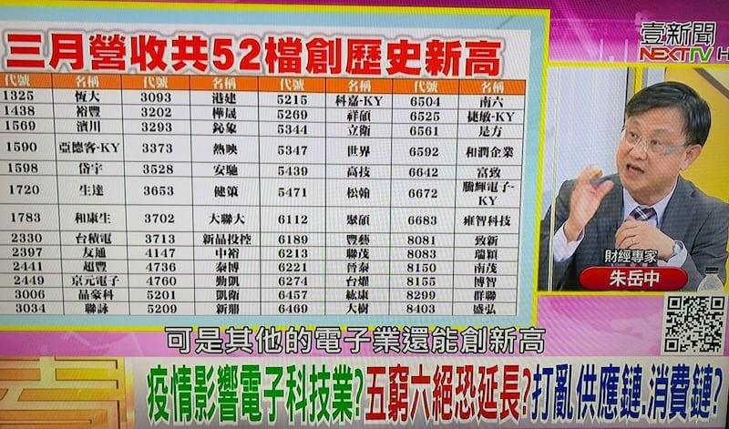财经专家朱岳中指,不受疫情影响,第一季台湾至少有52档股票创历史新高。(记者夏小华翻摄)