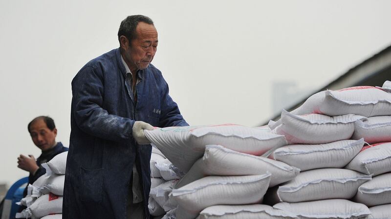 图为安徽省合肥的一个仓库堆放大米。(AFP)