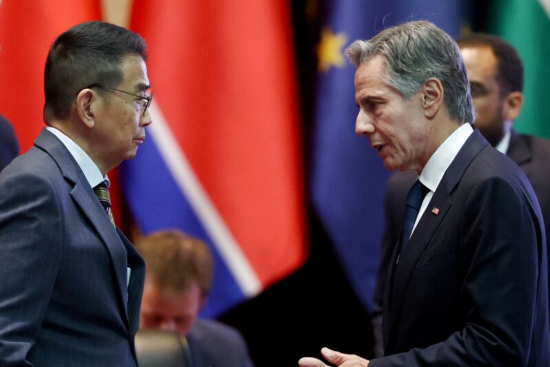 U.S. Secretary of State Antony Blinken talks with Thailand's Foreign Minister Maris Sangiampongsa before the 31st ASEAN Regional Forum at the 57th ASEAN Foreign Ministers' Meeting at the National Convention Center, in Vientiane, Laos, July 27, 2024.