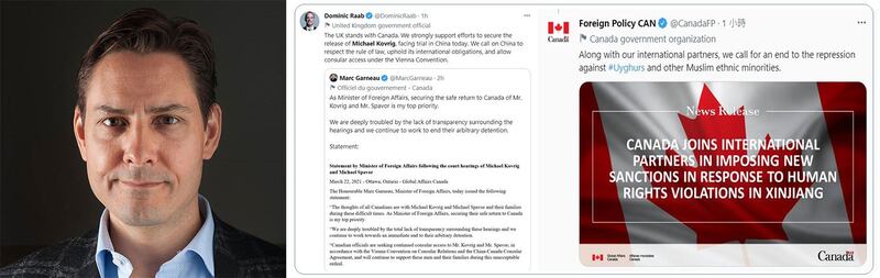 左图:被中国扣留超过两年的前加拿大外交官康明凯,在周一以“间谍”罪在北京接受闭门审讯。(AP);中图:多个国家发表声明批评中国任意羁押。 (推特截图);右图:中国侵犯新疆人权,加拿大政府宣布制裁。 (推特截图)