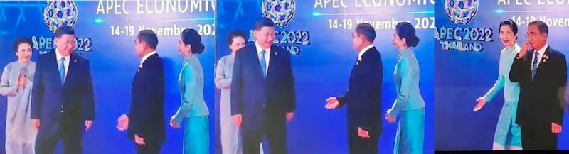 图六、德国《商报》记者Mathias Peer在推特发文说,在APEC欢迎招待会上的尴尬时刻,泰国总理巴育想和习近平握手——但中国国家主席不理会他。巴育还尴尬地摸摸鼻子后离开。(Mathias Peer推特/夏小华提供)