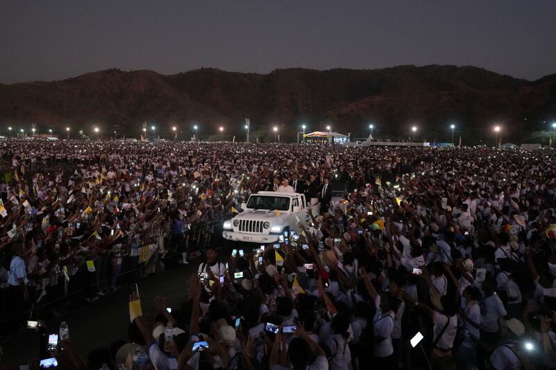 Pope Francis leaves after leading a holy mass at Tasitolu park in Dili, Timor-Leste, Sept. 10, 2024.