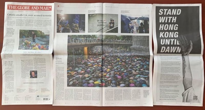 「揽炒团队」过去经常以众筹在全球十多个国家刊登文宣广告。(视频截图)