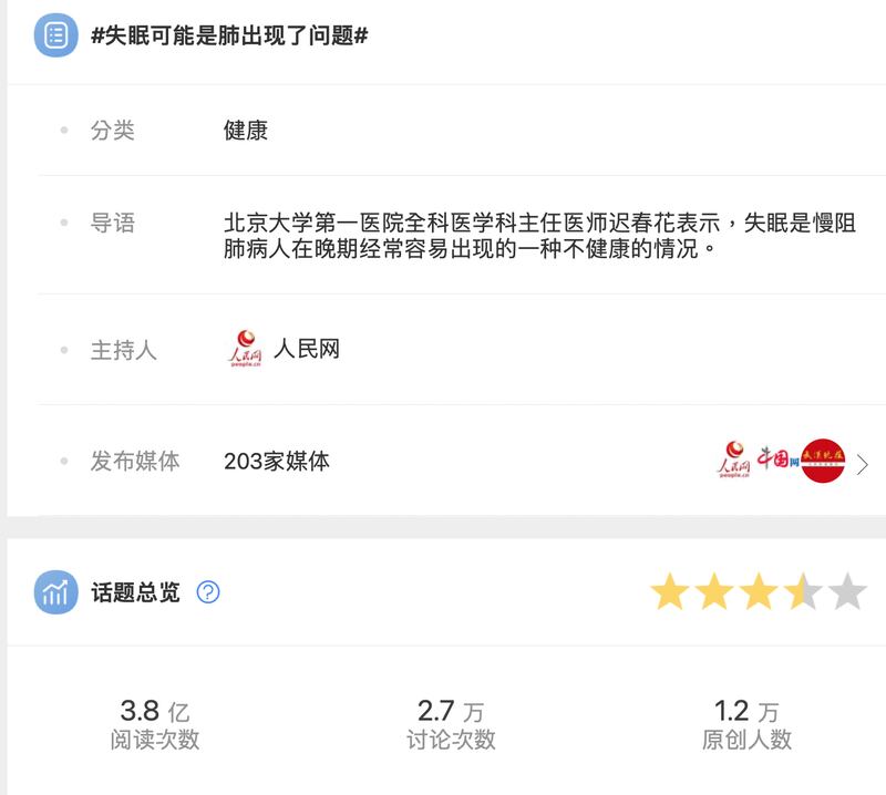 中国党媒人民网报道，"失眠可能是肺出了问题"，吸引3.8亿人次关注。(微博截图)
