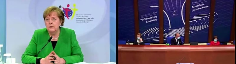 德国总理默克尔(Angela Merkel)20日在欧洲理事会上,公开对台湾的安全问题表达关切。(路透社视频截图)