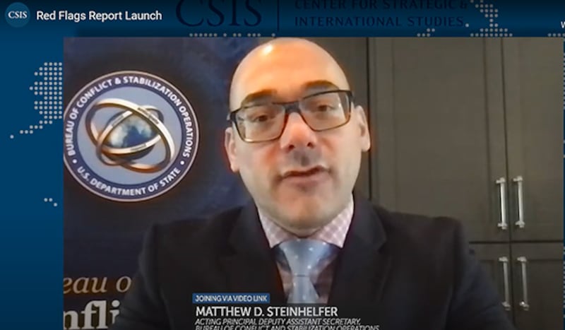 美国国务院冲突与稳定行动局代理首席副局长马修·斯坦赫费尔(Matthew D. Steinhelfer)3月2日在华盛顿智库战略和国际研究中心(CSIS) 举办的研讨会中阐述了对中国在西巴尔干半岛影响力扩张的担忧。(视频截图)