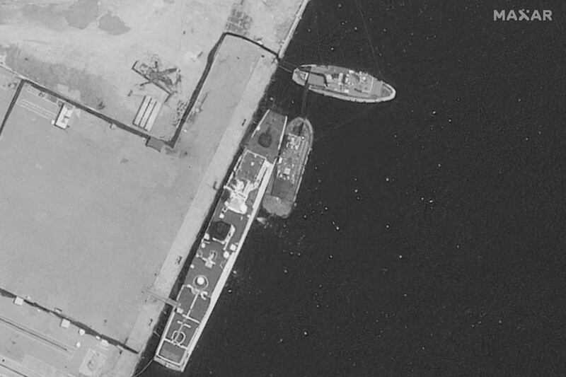 A satellite image of the recently damaged Chinese coast guard vessel under repair, at Yulin Naval Base in Sanya, Hainan Island, China, Aug. 21, 2025.