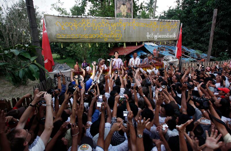 Myanmar's pro-democracy leader Aung San Suu Kyi after her release from house arrest in Yangon, Nov. 13, 2010.
