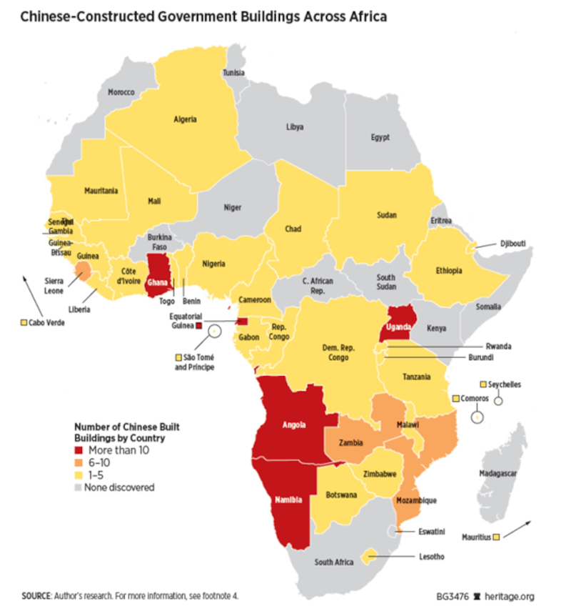 中国政府为非洲政府建设的办公大楼分布图 (图源:美国智库传统基金会)