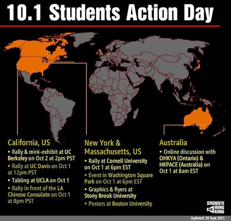 自由香港学生运动为10月1日、2日的“学生行动日”制作的海报,展示了本次全球行动在世界各地的情况。(来自Students For Hong Kong脸书主页)