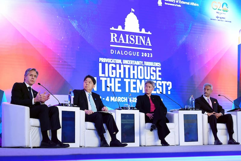 美、日、澳、印四国外长2023年3月3日在印度新德里相聚"四方安全对话"（美联社）