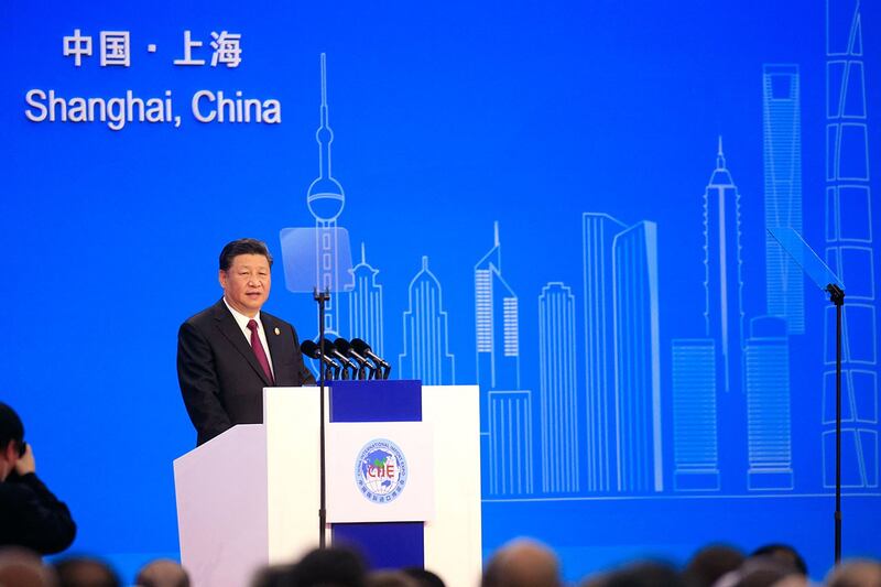 2018年11月5日,中国国家主席习近平在上海首届中国国际进口博览会开幕式上发表讲话。(法新社)