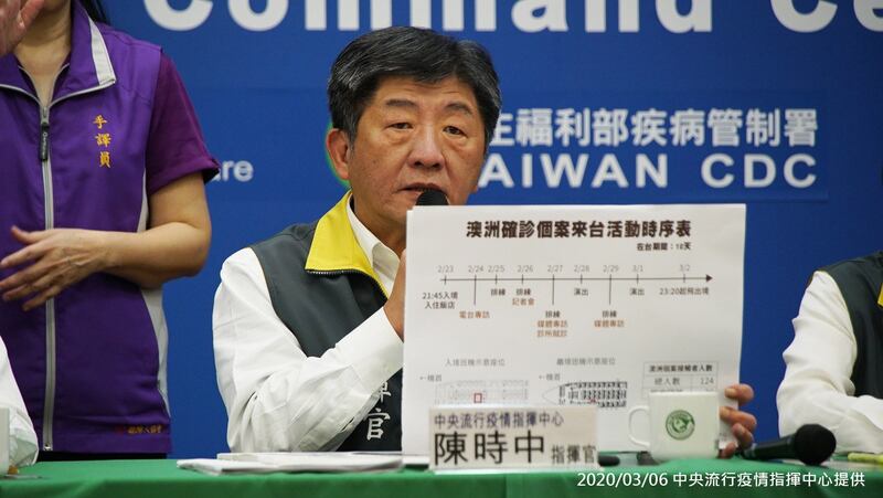 台湾中央防疫指挥官陈时中提醒,病毒兵分两路,从心理和身体攻击全人类,人类不团结就会被病毒各个击破。(疾管署提供)