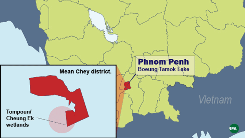 A map shows Phnom Penh's Boeung Tamok Lake and the Tompoun/Cheung Ek Wetlands. Credit: RFA graphic