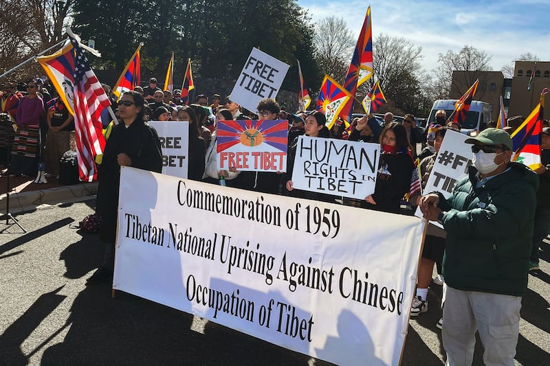 Tibetans protest outside the Chinese Embassy in Washington, March 10, 2025.