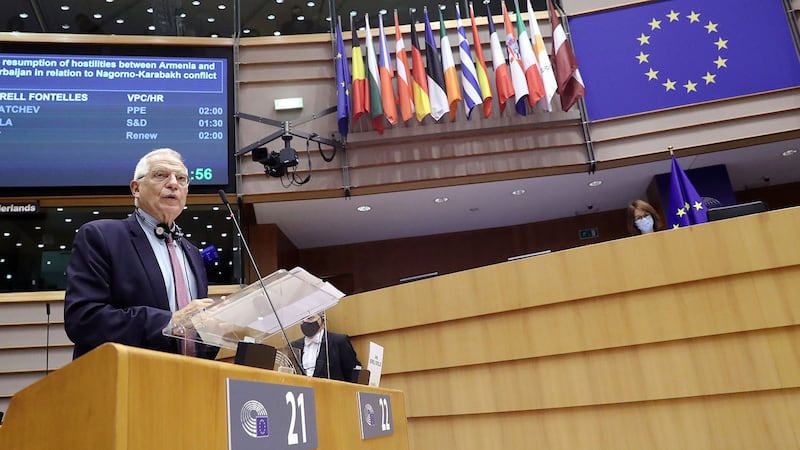 2020年10月7日,欧盟外交及安全政策高级代表博雷利(Josep Borrell)在布鲁塞尔欧洲议会上致辞。(AP)