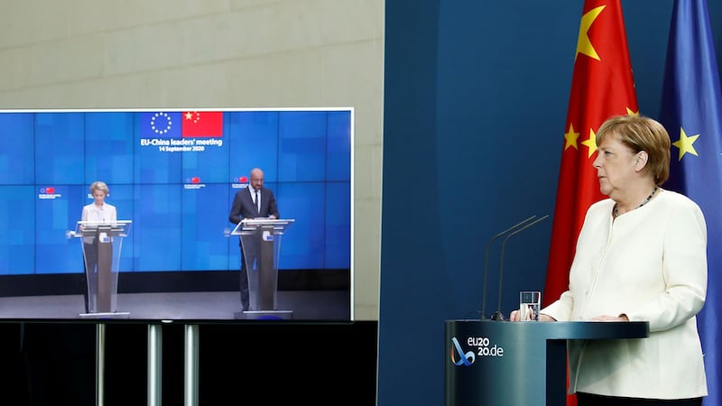 2020年9月14日,欧盟与中国举行峰会上,德国总理默克尔指出,欧盟对中国施加压力,以在投资协议方面取得进展。(路透社图片)