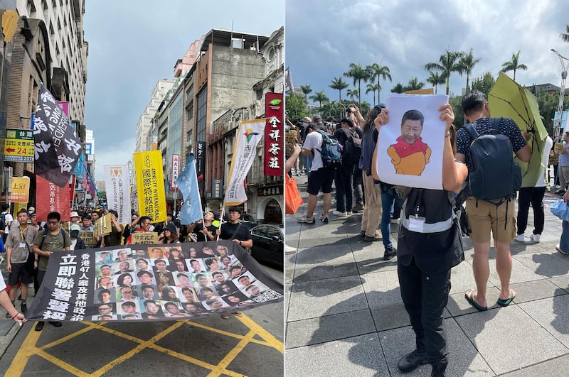 左图:反送中运动的5周年,香港边城青年等多个团体和在台港人在6月9日反送中运动开始日在台举办游行纪念。右图:有参与游行者自制标语代表挺港抗共的意思。(陈子非摄)