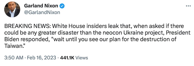 嘉兰尼克森推文声称白宫内线消息透露，拜登曾说出毁灭台湾计划。（尼克森推特页面截图）