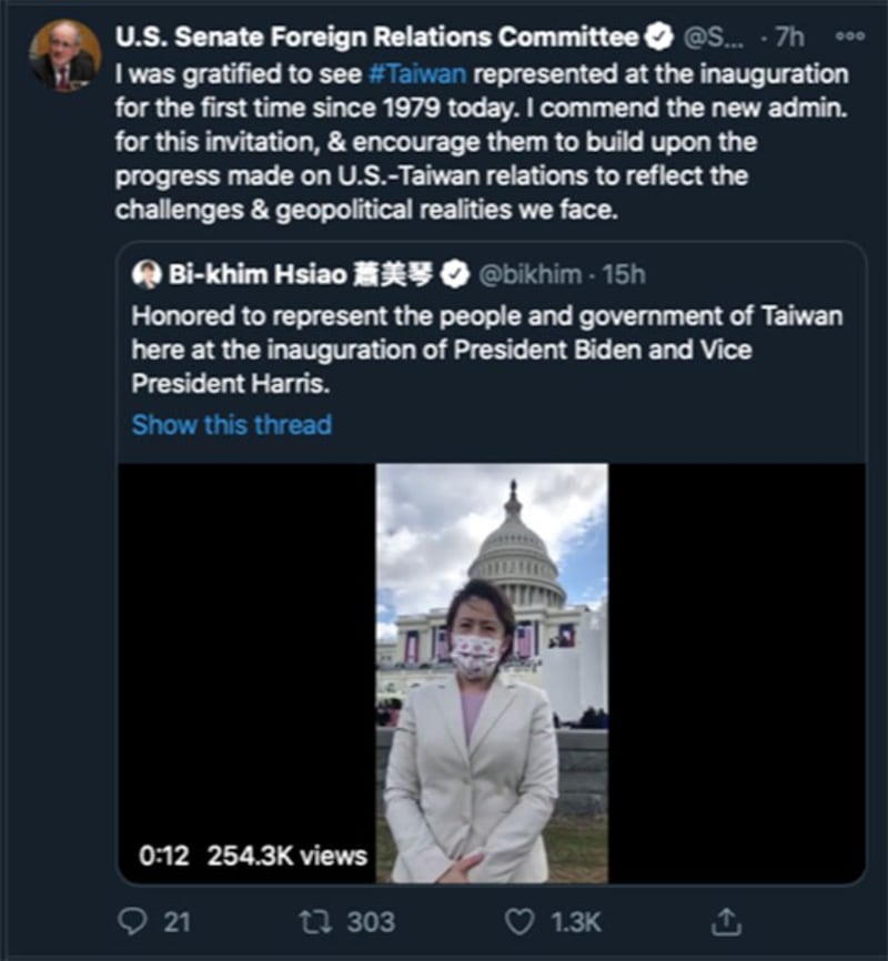 美参议院外交委员会主席里施(Jim Risch)在推特赞许新政府邀请台湾。(截图自推特)