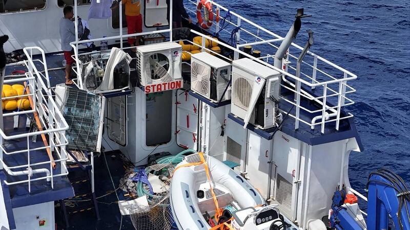 This Sept. 16, 2025, photo provided by the Philippine Coast Guard shows damage on board the BRP Datu Gumbay Piang, following an incident with a China Coast Guard vessel near Scarborough Shoal in disputed waters of the South China Sea.