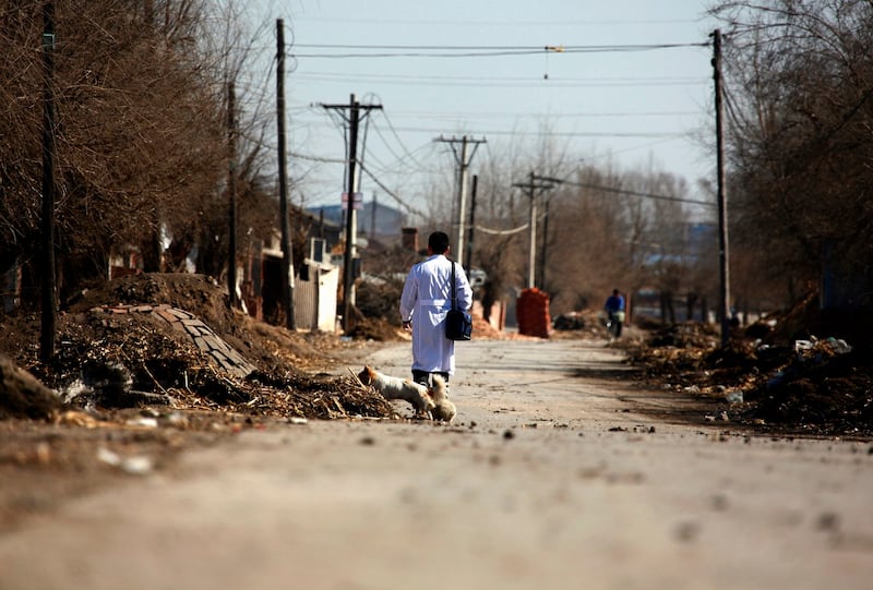 A doctor walks along a road through the village of Jianhua, located on the outskirts of Shuangcheng in Heilongjiang province, China, March 29, 2011. Credit: Reuters