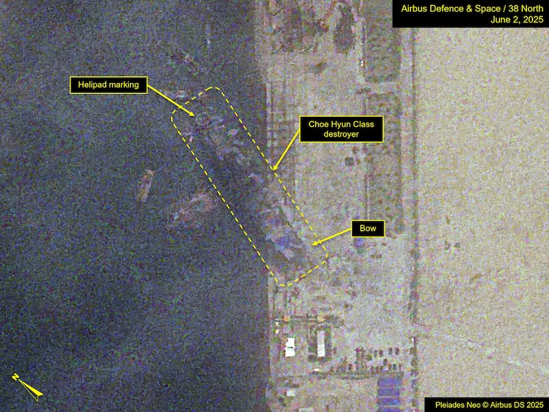This June 2, 2025, image released by 38North.org shows the North Korean destroyer from the May 21 failed launch attempt at Chongjin at an upright position.