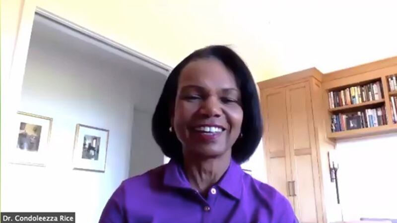 美国前国务卿莱斯(Condoleezza Rice)6月30日参加胡佛研究所视频活动(胡佛研究所视频活动截图)