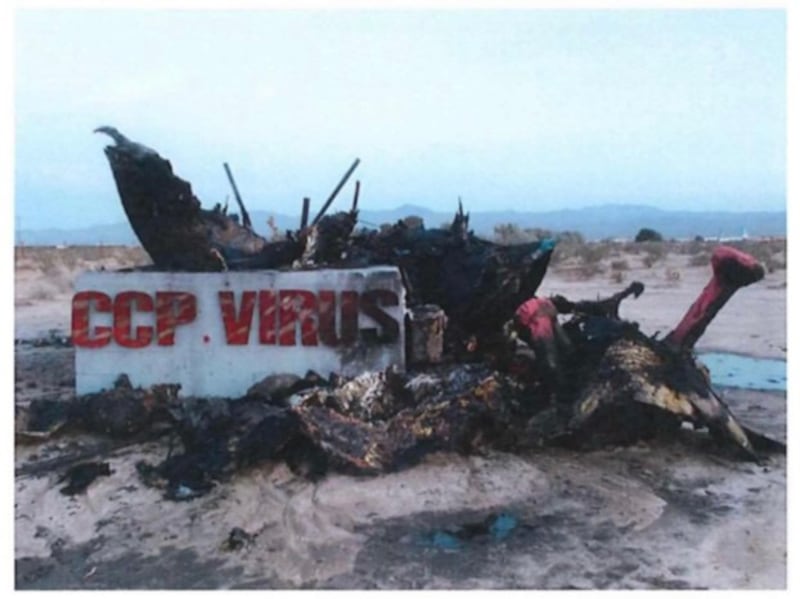 被焚毁的“中共病毒”雕塑(来自美国司法部网站)