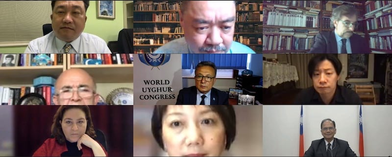 台湾立法院人权促进会7月30日晚间举行台湾首场“维吾尔议题国际线上公听会”,美国、加拿大、英国、欧洲议会关注维吾尔人权者都与会。(台湾立法院人权促进会直播截图)