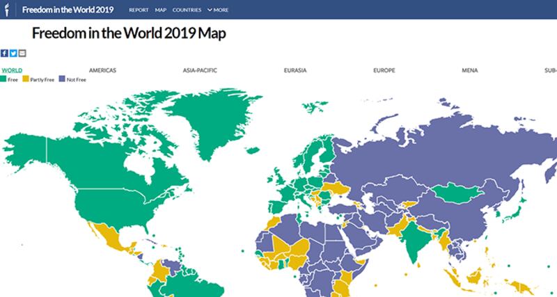 非政府组织“自由之家”发布的2019年世界自由状况地图。蓝色部分为不自由的的国家和地区。(自由之家)