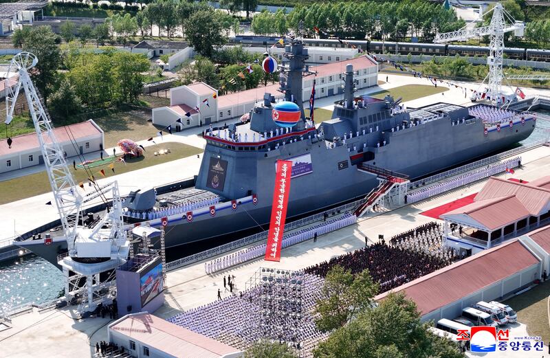 This image released by the North Korean government on June 12, 2025, and not independently verified shows the launching ceremony of the repaired navy destroyer in Rajin, North Korea.