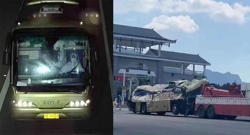 左图:2022年9月18日淩晨,高速路的监控显示,出车祸前的转运大巴司机穿著可能会妨碍驾驶安全的重装防护服。右图:肇事车辆翻入路边深沟,车身严重变形。(微博)