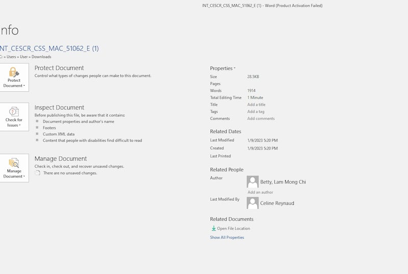 澳门青联和妇联的报告,档案作者一栏同为“Betty, Lam Mong Chi”。本台翻查澳门印务局过去的公报,有一位英文名为“Lam Mong Chi”、中文名为“林梦芝”的人士,曾历任澳门国际法事务办公室及法务局。 (报告及澳门印务局公报截图)