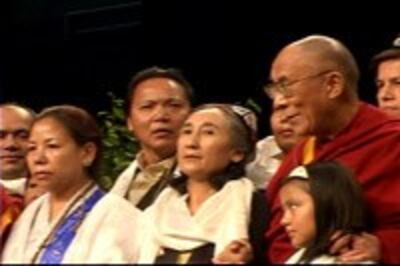 The Dalai Lama and Rebiya Kadeer before an audience of 16,000 at the MCI Center in Washington, DC.