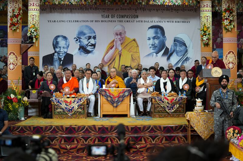 Tibetan spiritual leader the Dalai Lama and dignitaries are seated on stage during celebrations on the 90th birthday of the Dalai Lama at the Main Temple in Dharamsala, India, July 6, 2025.