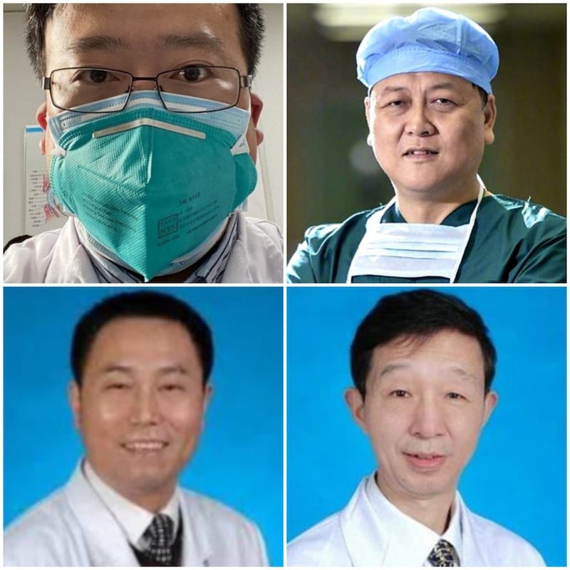 ①眼科医生李文亮逝于2月7日凌晨;②甲状腺乳腺外科主任医生江学庆逝于3月1日;③眼科主任医生梅仲明逝于3月3日;④眼科副主任医师朱和平逝于3月9日。(推特图片)