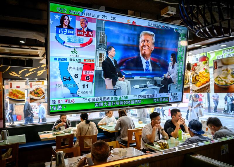 A TV screen showing preliminary results about the US elections hangs  in a restaurant in Hong Kong on November 6, 2024.