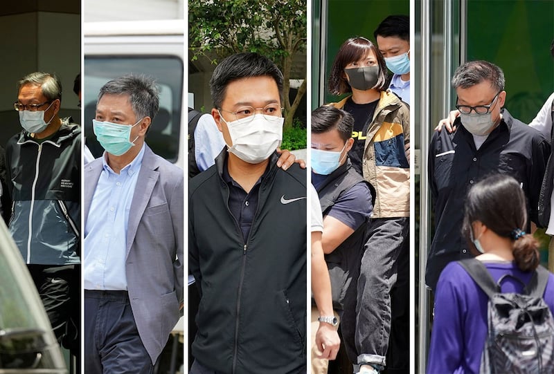 2021 年 6 月 17 日,警方早上6点左右到《苹果日报》及壹传媒集团的高层住所进行搜查并陆续逮捕,左起:壹传媒集团首席执行官张剑虹、营运总裁周达权、《苹果日报》总编辑罗伟光、副社长陈沛敏及执行总编辑张志伟。(组合图片/AFP/AP/Reuters)