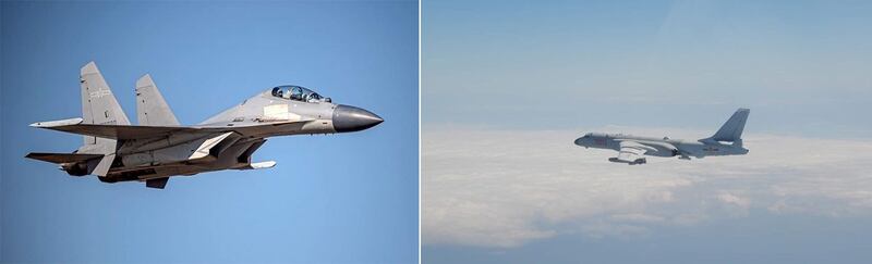 台湾申入CPTPP 中国反对并派24架次军机扰台施压。左图: 解放军机歼-16。右图:解放军机轰-6。(国防部提供)