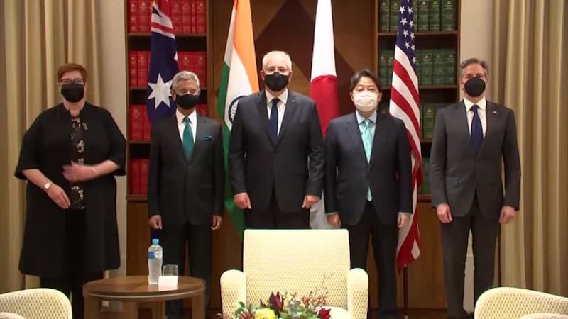 2022年2月11日,美日印澳'四方对谈'(Quad)外长会议在澳大利亚墨尔本举行。(路透社视频图)