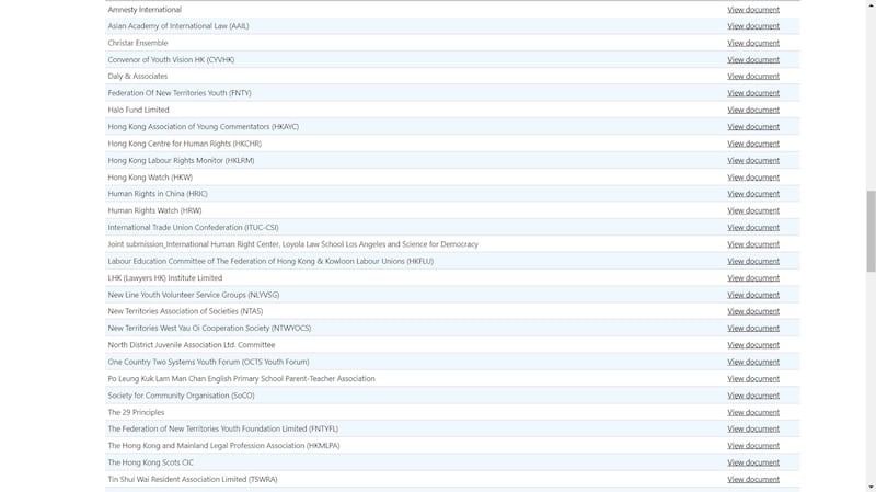 在三十个向联合国提交香港经社文情况报告的团体中,至少有十五个都是亲北京团体,他们的报告纷纷唱好《港区国安法》。 (联合国官网截图)