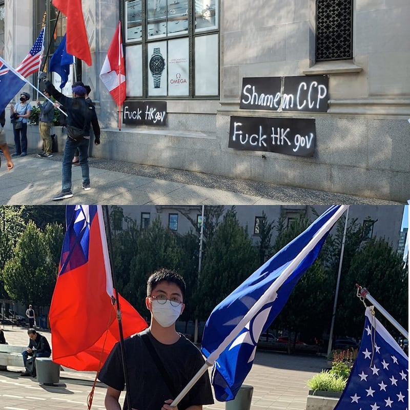 抗议者在温哥华市中心酒店外抗议香港回归25周年庆祝活动,受访者小周说无论哪个党派的台湾人都不会接受一国两制。(受访者提供)
