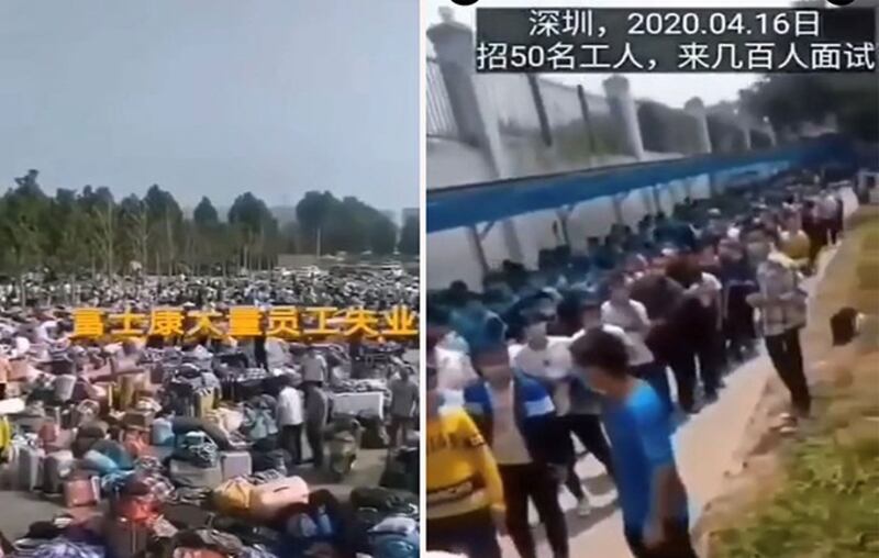 左图:富士康缩减员工,导致大量工人失业。右图:深圳一企业招聘50人,上百人面试。(视频截图/乔龙提供)