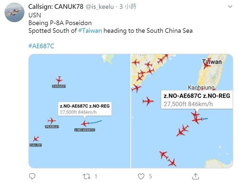 擅长追踪军机航迹讯号的Callsign:CANUK78的推特账号,特别在美机侦巡相关推文中标注台湾。(取自Callsign:CANUK78推特)