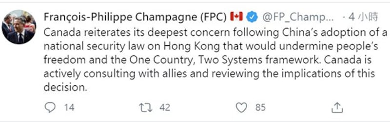 加拿大外交部长商鹏飞在推特上对香港国安法表达深切关注 (推特截图)