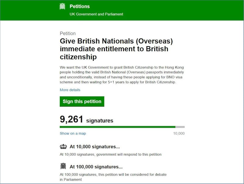近日出现在英国国会网站上的联署行动,发起人自称“Ying Kwok Yan”,即“英国人”的英语拼音。 这位匿名者要求英国政府立即无条件向持有效英国国民(海外)护照(BNO)的港人,授予英国公民身份。(https://petition.parliament.uk/截图)