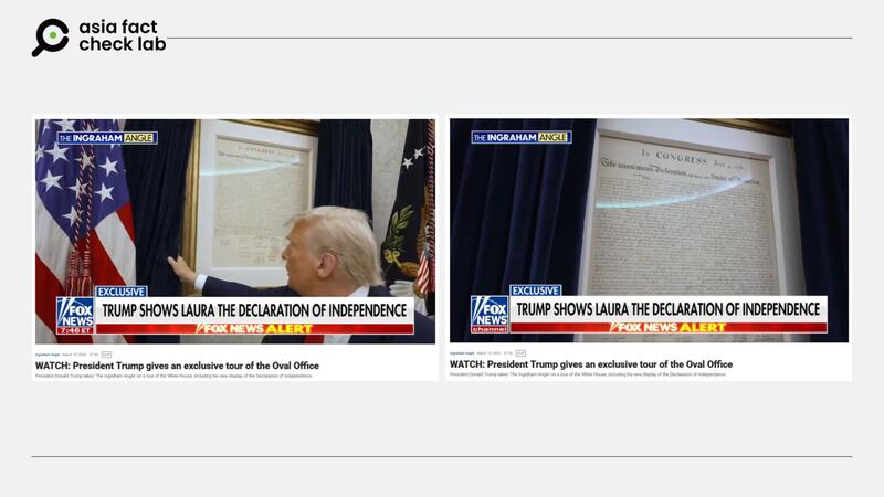 福克斯新闻的原始影片显示，美国总统特朗普展示挂在白宫墙上的是独立宣言。福克斯新闻截图